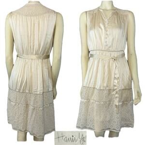 Hanii Y cream Silk sleeveless belted dress buttoned chest & lace size small